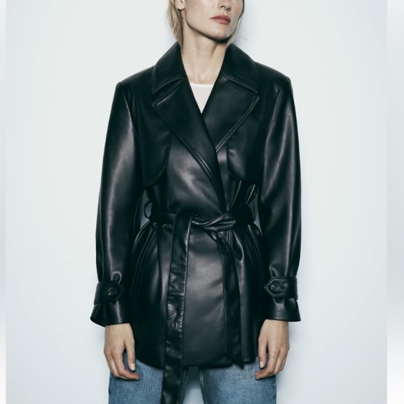 Zara trench coat faux leather black coat short coat belted coat Zara coat black - Picture 1 of 13